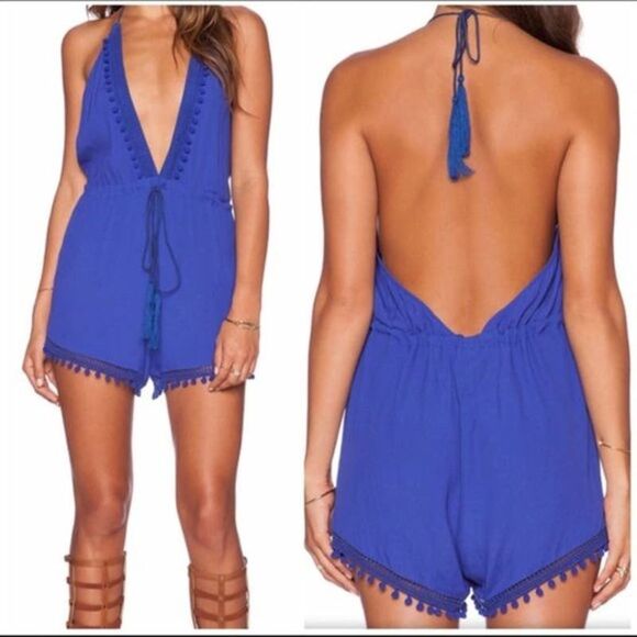 The Jetset Diaries Royal Blue Blue Rainforest Tie Neck Short Romper womens S